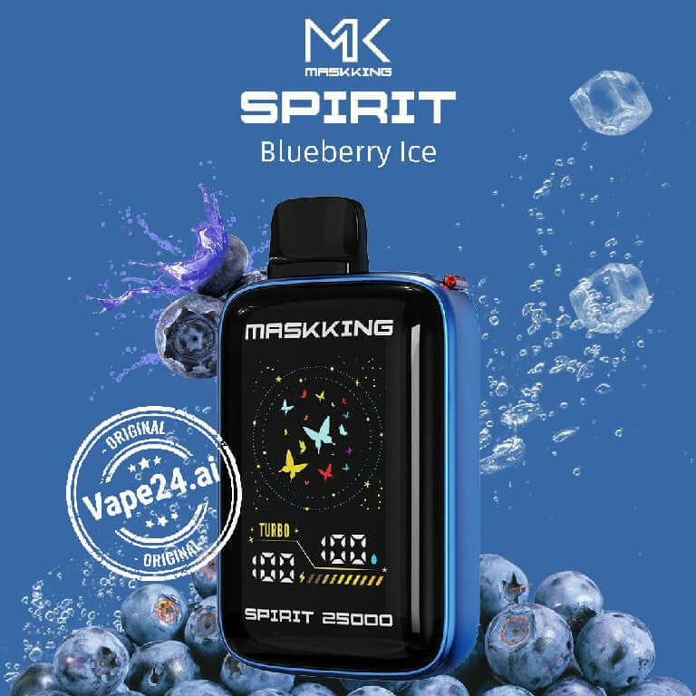 MASKKING SPIRIT Blueberry Ice Disposable Vape showcasing a sleek design with digital display and blueberries in the background.