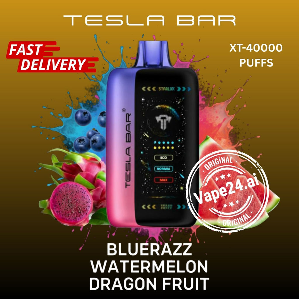Tesla Bar vape device with blue and black design, surrounded by fruit graphics and branding elements.