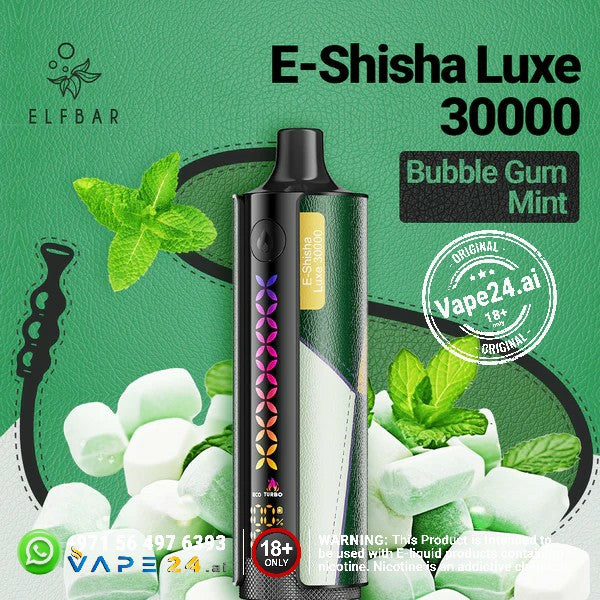 Elf Bar E-Shisha Luxe 30000 Puffs in Bubble Gum Mint flavor with mint leaves and chewing gum background.