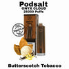 Podsalt ONYX CLOUD vape device and packaging with butterscotch tobacco flavor on a white background.