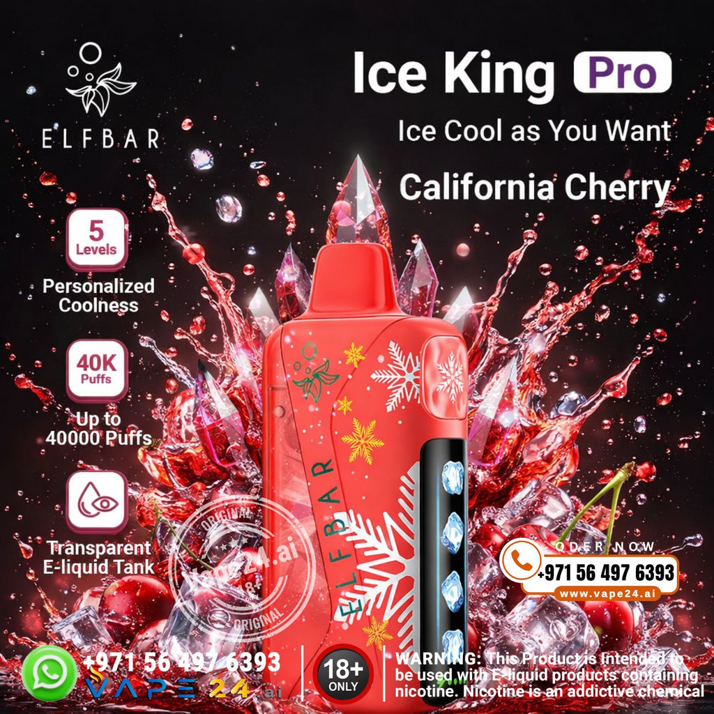 Red ELF BAR vape device with ice and cherry graphics on a dark background, featuring the Ice King Pro branding.
