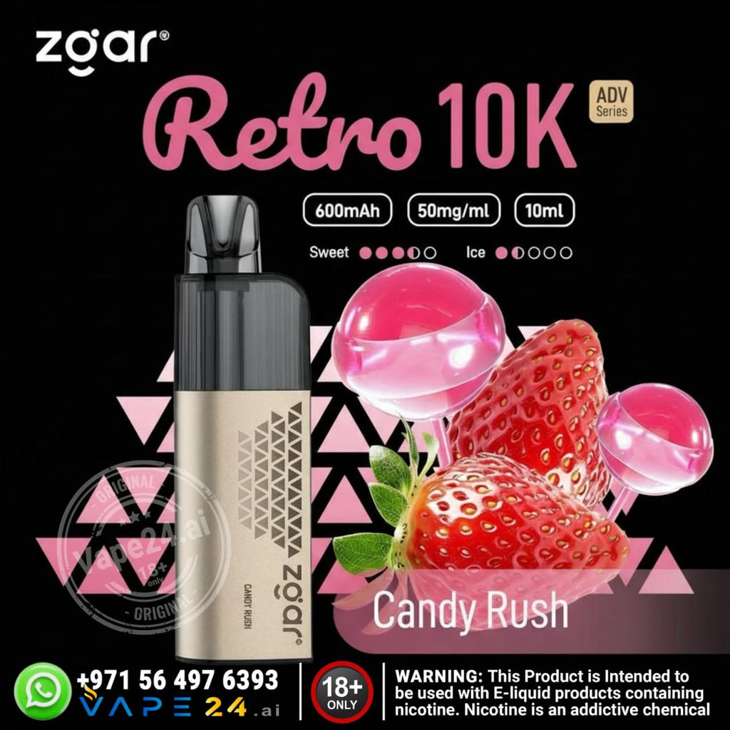Zgar Retro 10K vape device with strawberry and bubblegum graphics on a black background