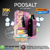 PODSALT vape device and packaging with colorful design elements on a dark background
