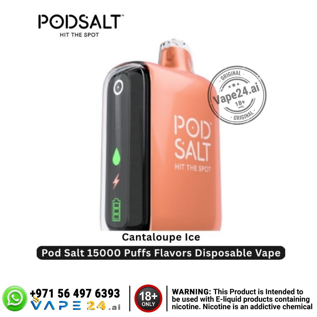 Pod Salt disposable vape device with 'Cantaloupe Ice' flavor on a white background, featuring the brand logo and product details.