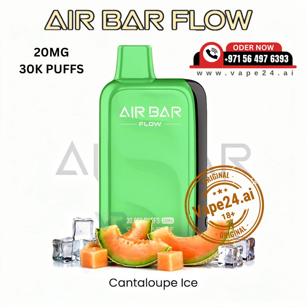 Green vape device with cantaloupe ice flavor on a white background, featuring 'Air Bar Flow' branding.