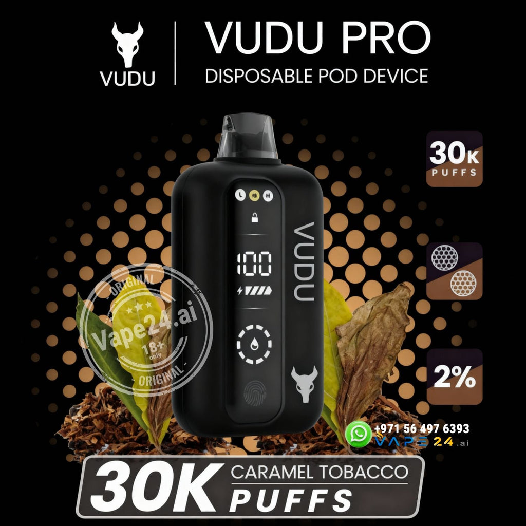 Vudu Pro disposable pod device with vaping-related graphics on a dark background