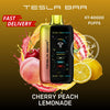 Tesla Bar vape device with cherry peach lemonade flavor on a colorful background