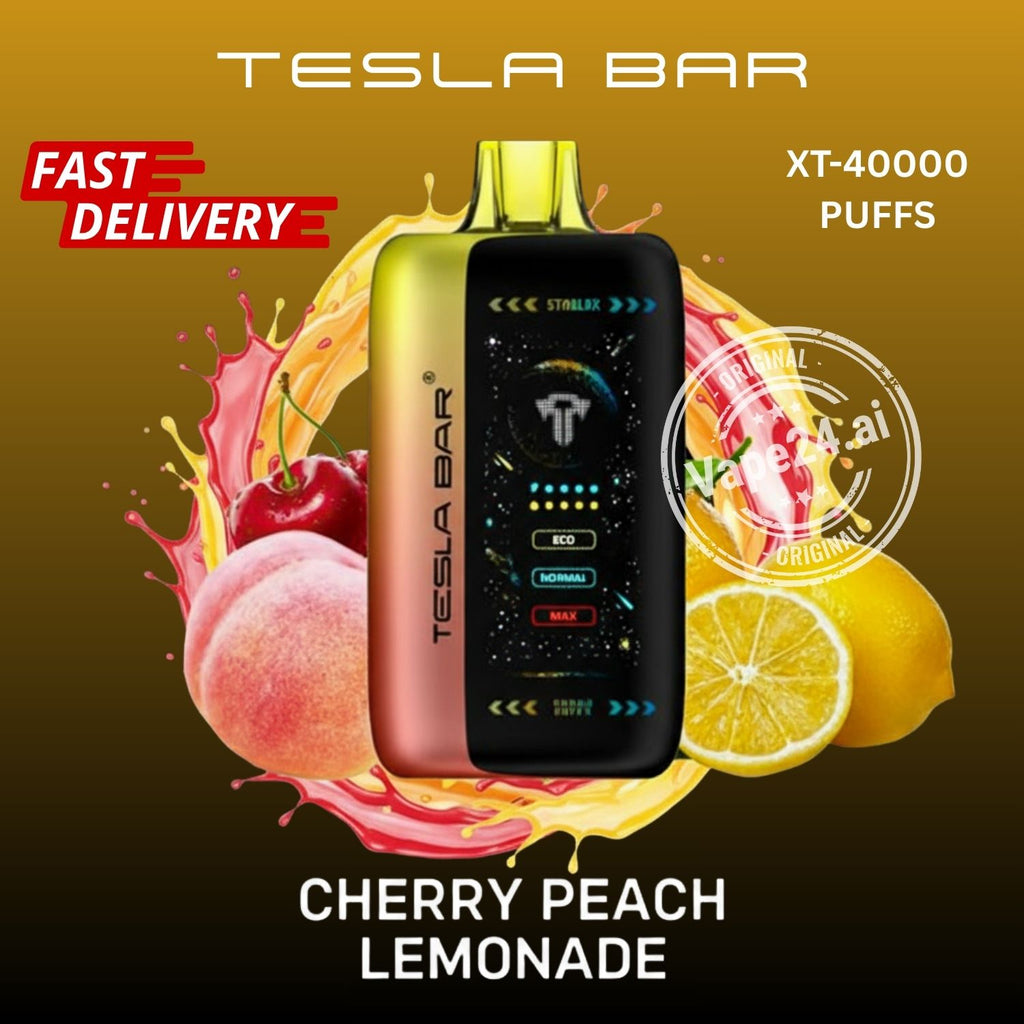 Tesla Bar vape device with cherry peach lemonade flavor on a colorful background