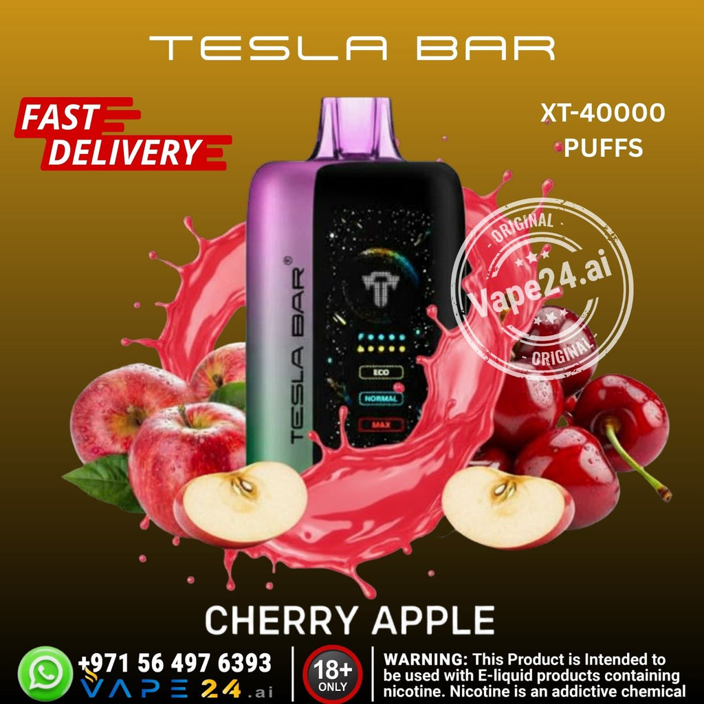 Tesla Bar vape device with cherry and apple graphics on a brown background