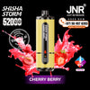 JNR Vape device with cherry berry flavor on a black background, featuring branding and contact information.