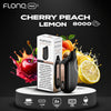 Flonq vape device and packaging with cherry peach lemon flavor on a dark background