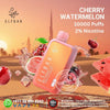 Elf Bar BC10000 puffs 20mg cherry watermelon vape device with desert and cherry watermelon graphics on a promotional background.