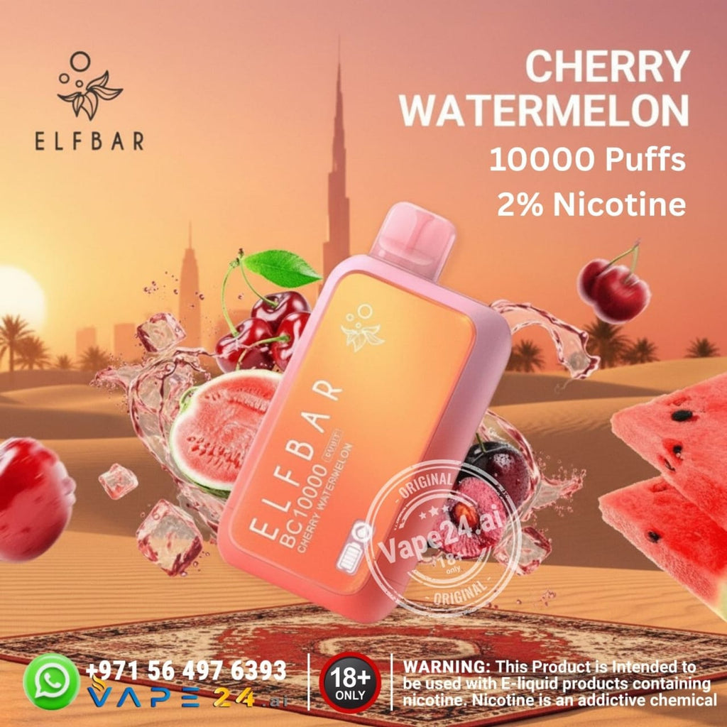 Elf Bar BC10000 puffs 20mg cherry watermelon vape device with desert and cherry watermelon graphics on a promotional background.