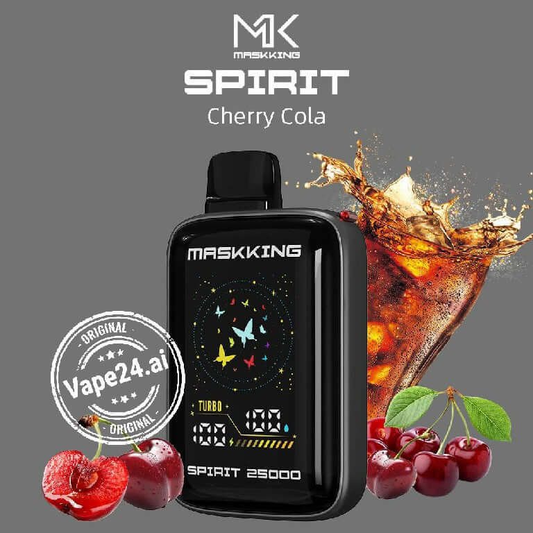 MASKKING SPIRIT Cherry Cola vape featuring display, cherries, and cola splash, offering 25000 puffs for a premium vaping experience.