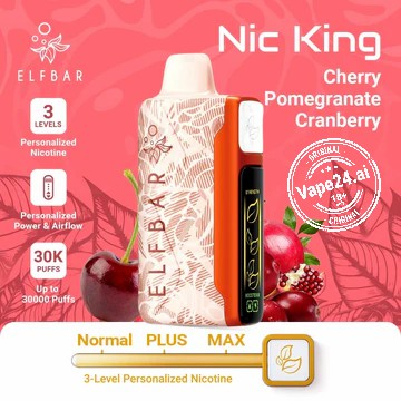 Elfbar Nic King Disposable Vape in Cherry Pomegranate Cranberry flavor, offering 30k puffs and 3-level personalized nicotine.