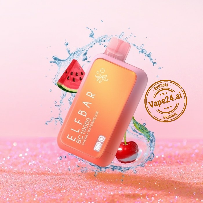 ELF BAR BC 10000 Puffs Disposable Vape with watermelon and cherry flavors against splash background - Available at Vape24.ai