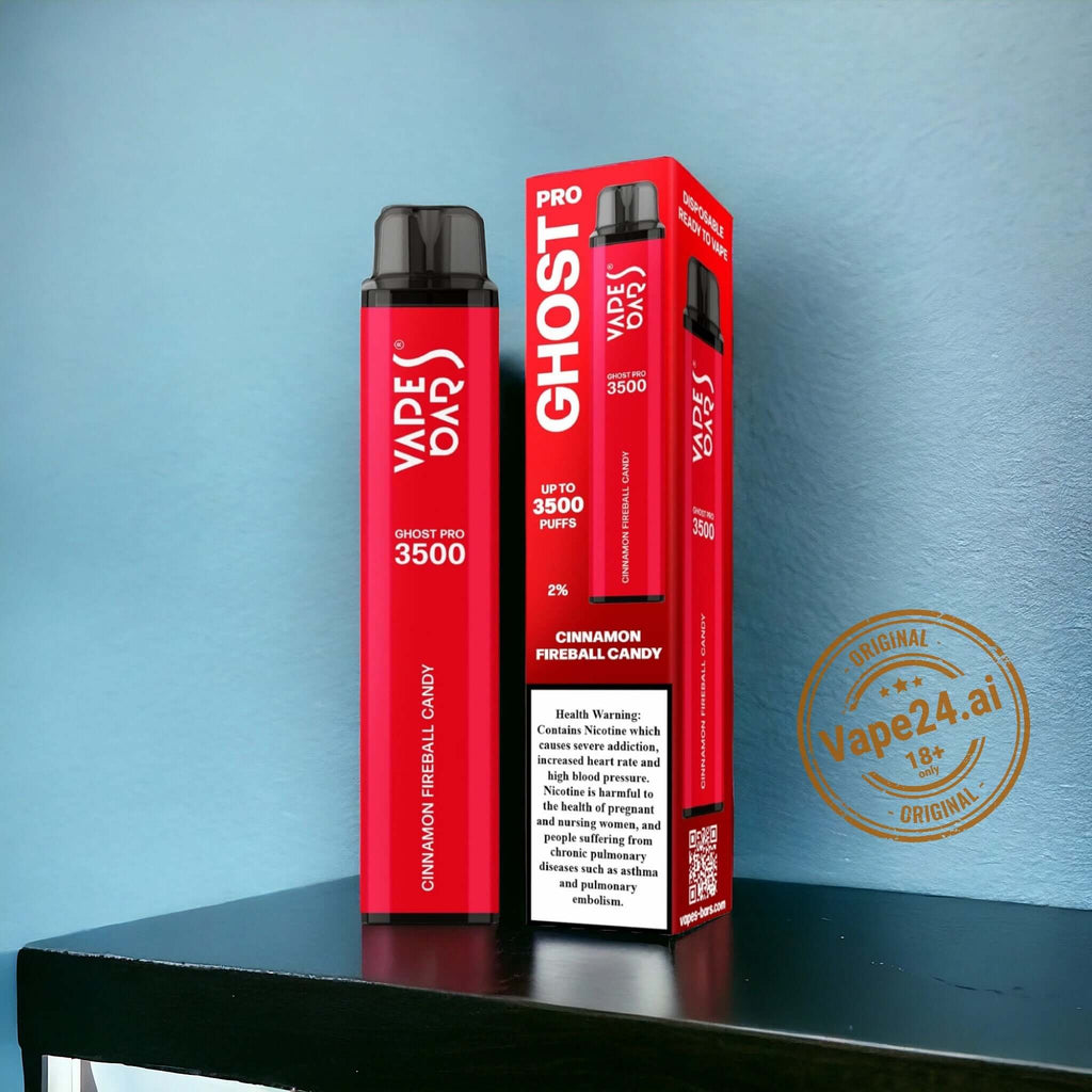 Vape Bar Ghost Pro 3500 Disposable Vape in Cinnamon Fireball Candy flavor on display with packaging, ideal for UAE buyers.