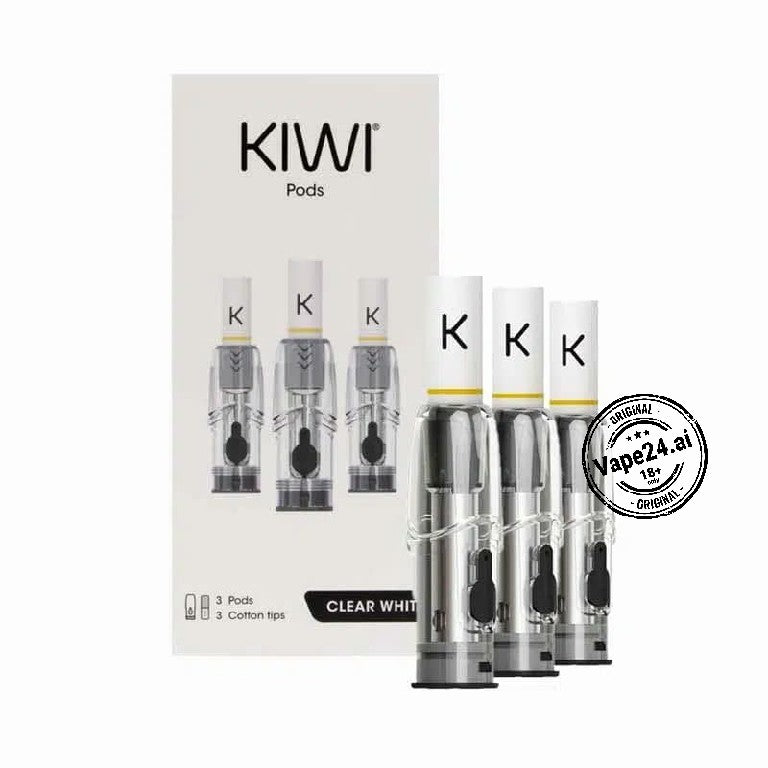 KIWI vape pods packaging with three clear pods on a white background