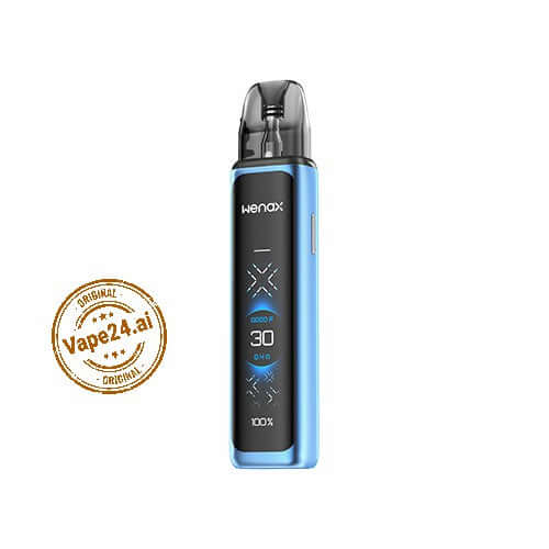 GeekVape Wenax Q Ultra Pod Kit 1300mAh in blue with touchscreen display and Vape24.ai logo.