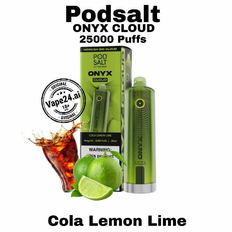 Podsalt Onyx Cloud vape device and packaging with cola lemon lime flavor on a white background