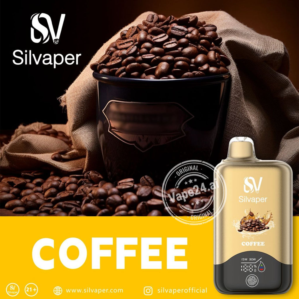 Silvaper coffee product with coffee beans and packaging on a dark background
