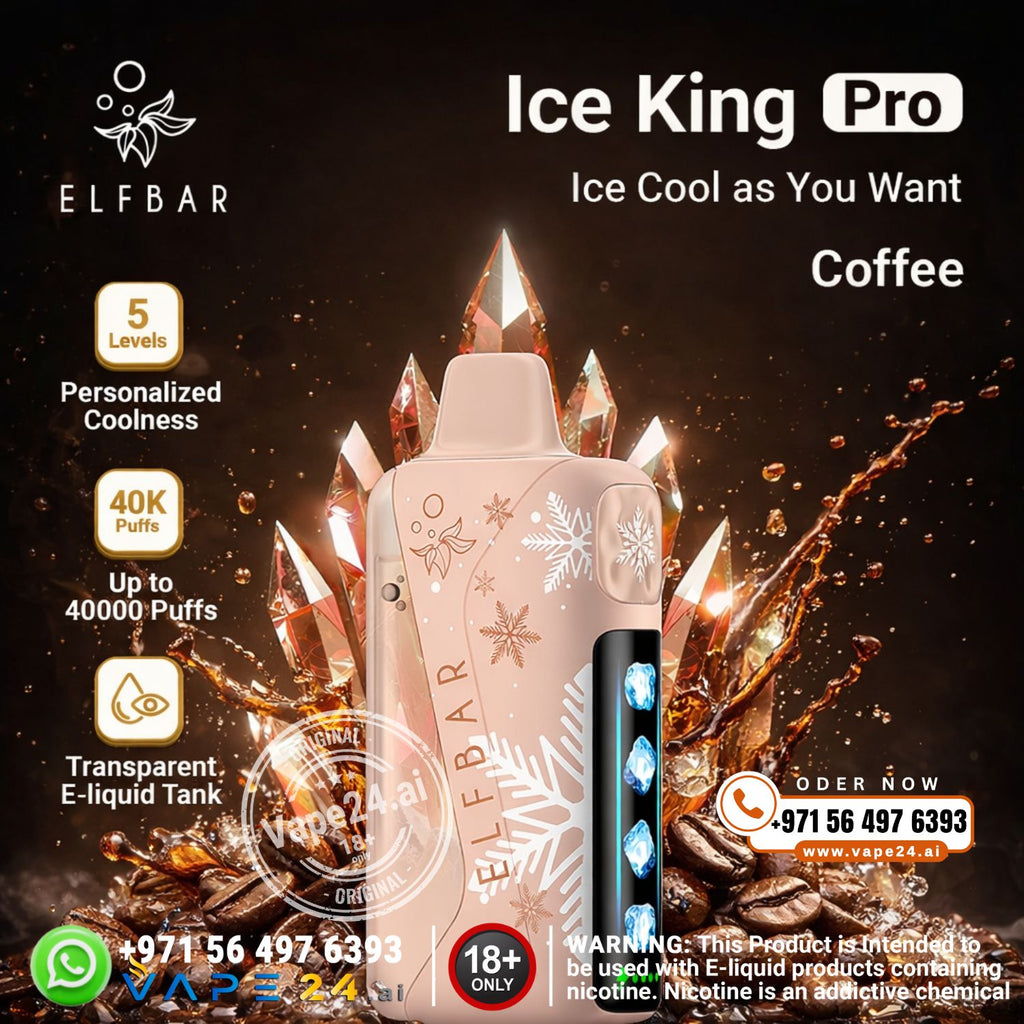 Elfbar Ice King Pro coffee-flavored vape device with promotional text and branding.
