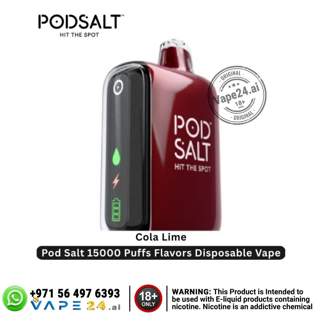 Cola Lime flavor with Red and black disposable vape with 'Pod Salt' branding on a white background