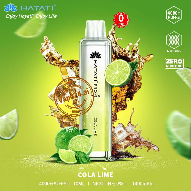 HAYATI PRO MAX Cola Lime Disposable Vape with 4000 puffs, 0% nicotine, and 1400mAh battery in Dubai.