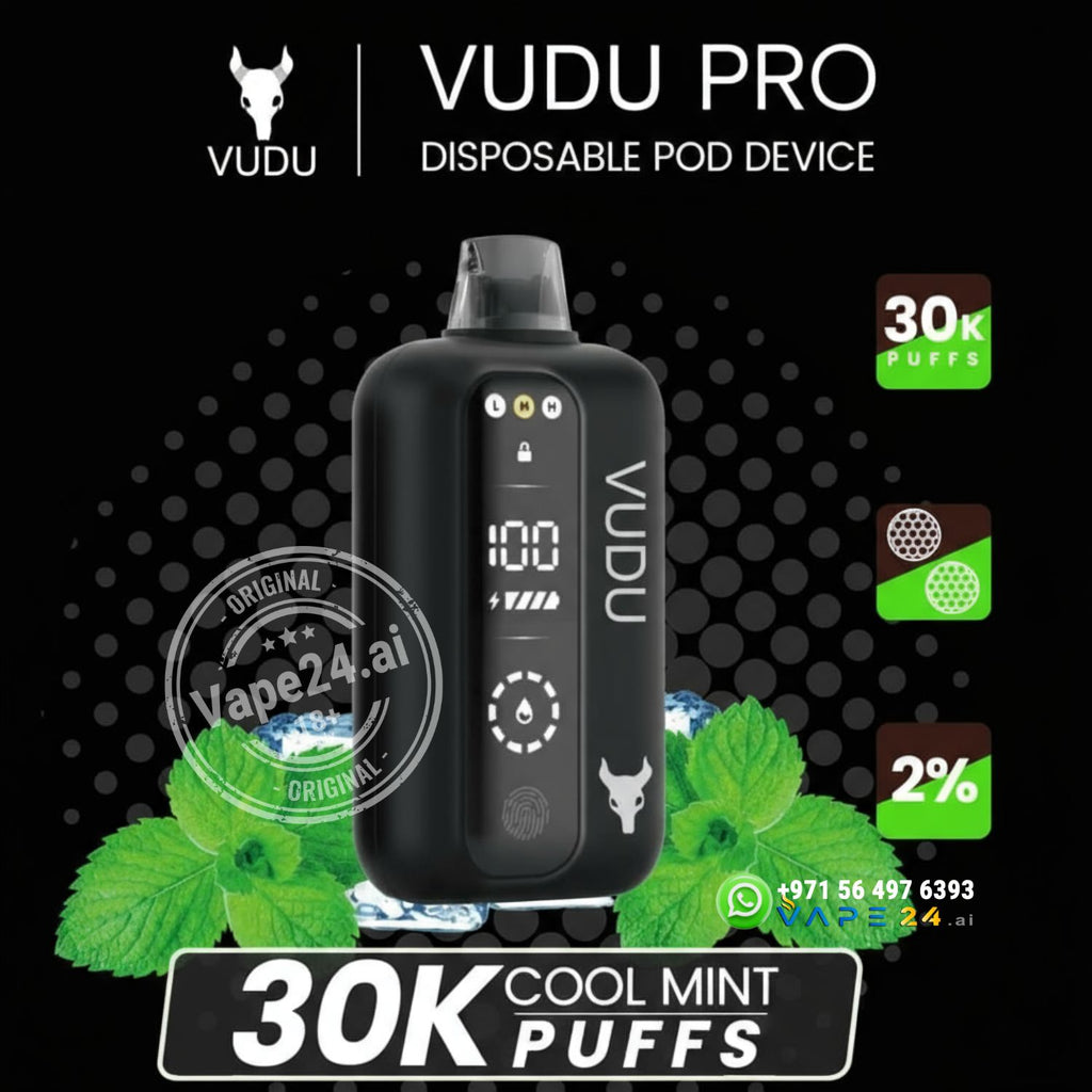 Vudu Pro disposable pod device with mint leaves on a black background