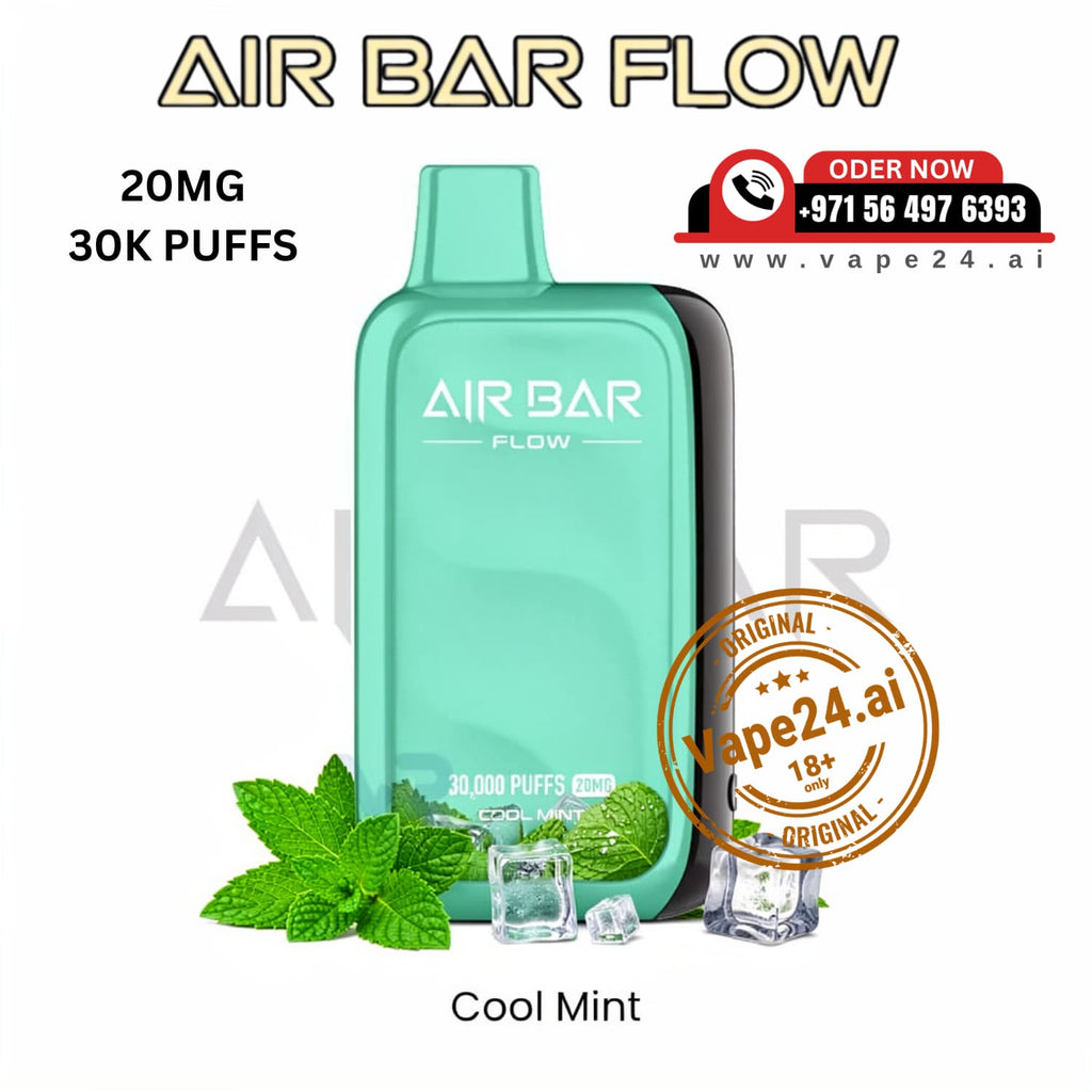 Air Bar Flow vape device with mint leaves and ice cubes on a white background, featuring Vape24.ai branding.