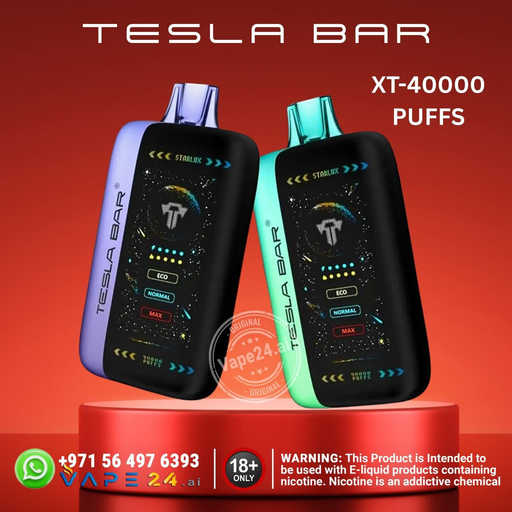 Two Tesla Bar XT-40000 vaping devices on a red background with branding and product details.