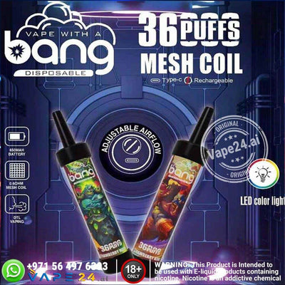 Bang 36000 Puffs Disposable Vape Pen featuring adjustable airflow and LED color light for enhanced vaping experience.