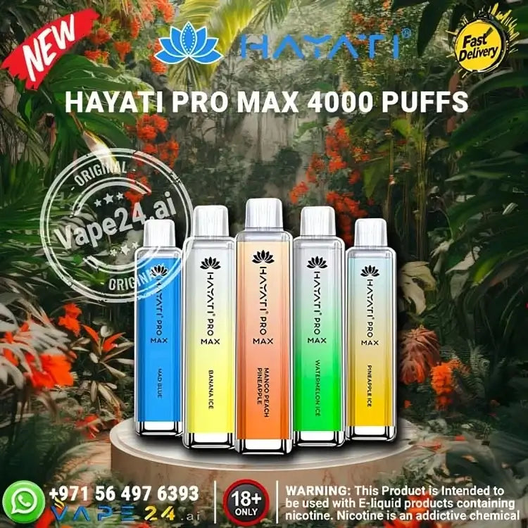 HAYATI PRO MAX 4000 Puffs disposable vape collection with vibrant flavors in Dubai, featuring sleek design and fast delivery.