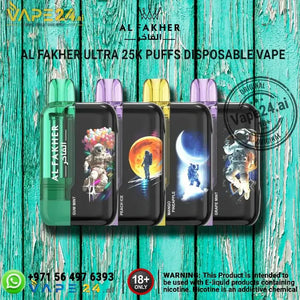 Al Fakher Ultra 25000 Puffs Disposable Vape collection on a wooden background, featuring unique flavors and vibrant colors.