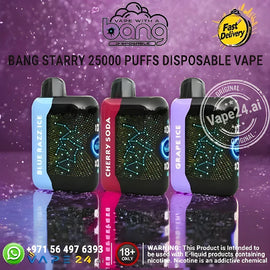 Bang Starry 25000 Puffs Disposable Vape in Blue Razzle, Cherry Soda, and Grape Ice flavors with fast delivery.