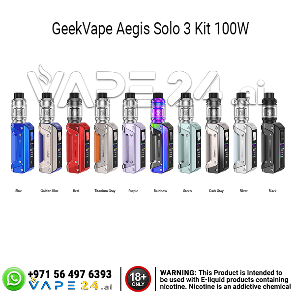 GeekVape Aegis Solo 3 Kit 100W available in multiple colors including blue, red, purple, and black.