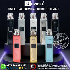 Uwell Caliburn G4 Pod Kit 1300mAh in multiple colors, showcasing sleek design for vaping enthusiasts.