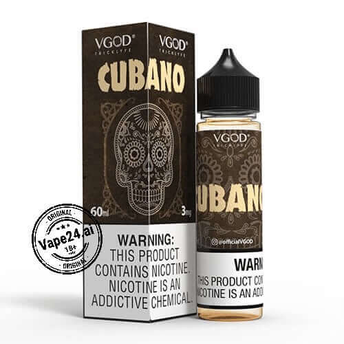 VGOD Cubano 60ML e-liquid with 3mg nicotine in decorative packaging, showing warning labels for vaping safety.