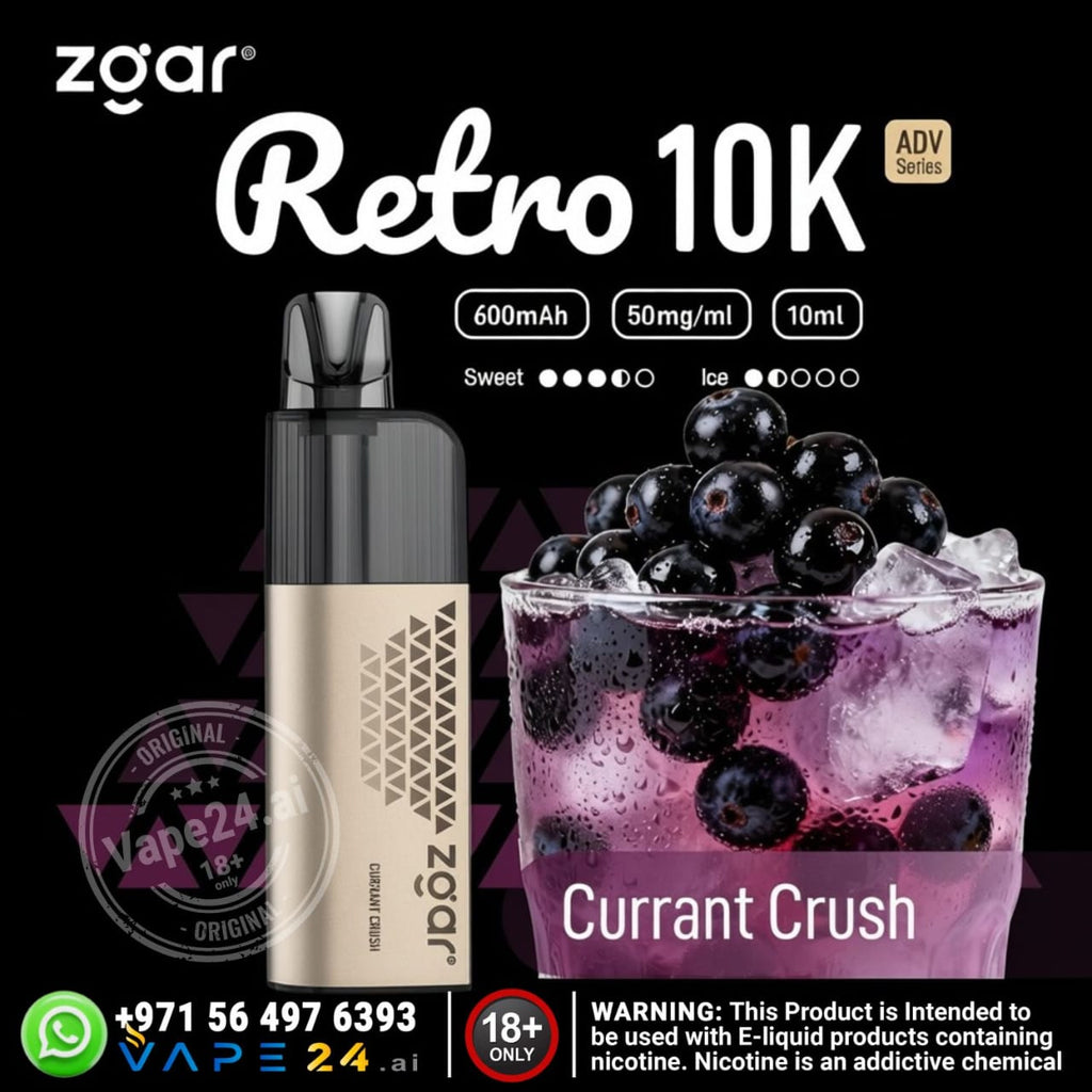 Zgar Retro 10K vape device with a glass of Currant Crush drink on a black background
