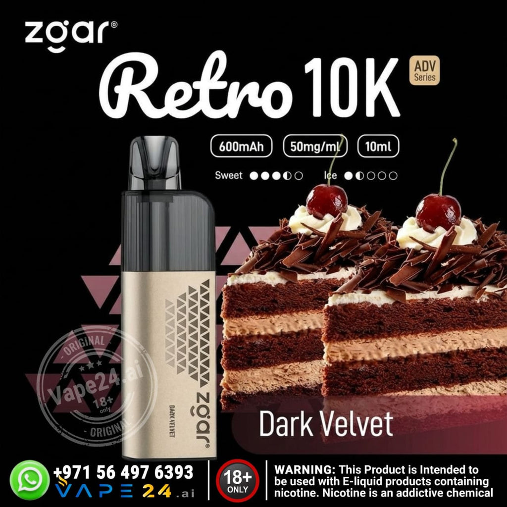 Zgar Retro 10K vape device with a slice of chocolate cake on a black background