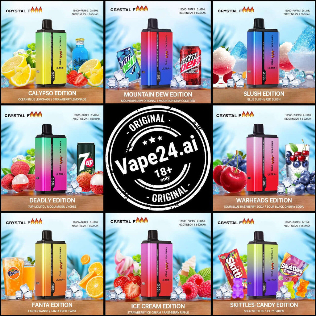 Variety of Crystal Fire Dual Flavour disposable vapes with colorful flavors on display, perfect for instant enjoyment.