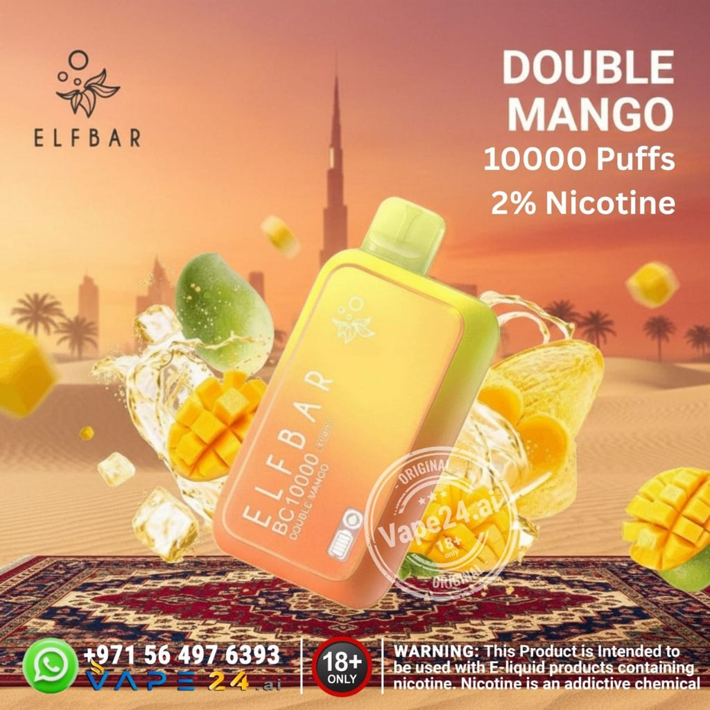 Elf Bar BC10000 puffs 20mg Double Mango vape device with mango graphics and desert background
