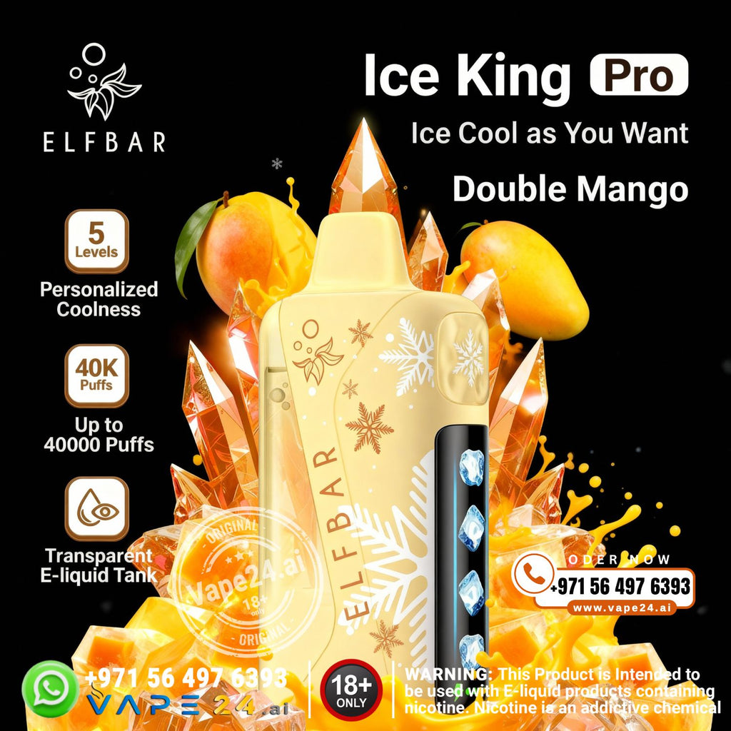 Elfbar Ice King Pro vape device with mango flavor on a black background