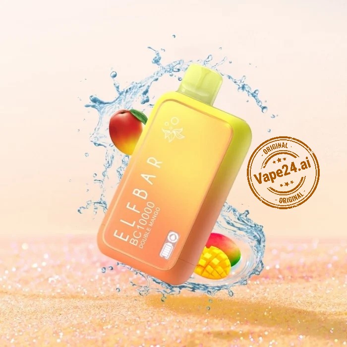 ELF BAR BC 10000 Puffs Disposable Vape in Mango Flavor with Splash Background and Vape24.ai Original Stamp