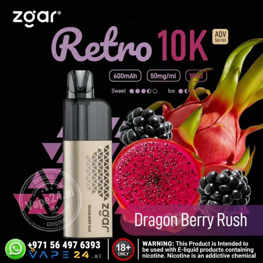 Zgar Retro 10K vape device with dragon fruit and blackberries on a dark background