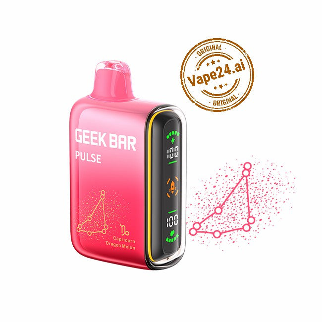 Geek Bar Pulse 15000 Puffs Disposable Vape in pink with digital display, featured on Vape24.ai with Capricorn Dragon Melon flavor design.