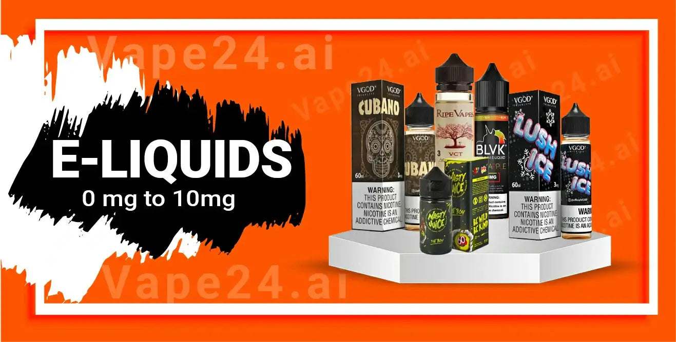 Display of various e-liquids ranging from 0 mg to 10 mg, highlighting popular brands and flavors.