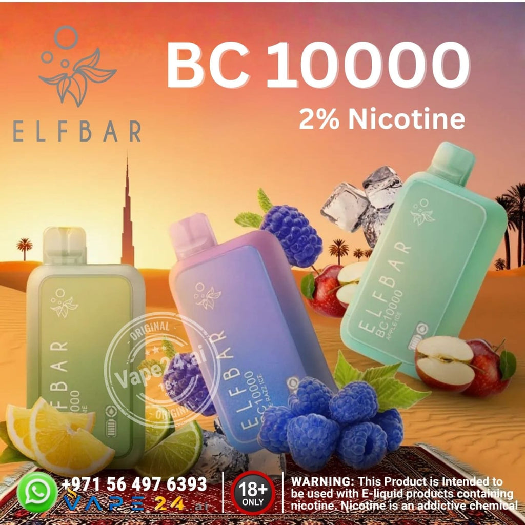 ELFBAR BC 10000  20mg vape devices with fruit and ice elements on a scenic background.
