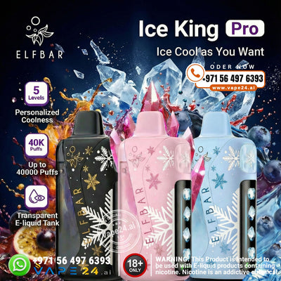 ELF BAR Ice King Pro vape devices with promotional text and contact information on a dark background.