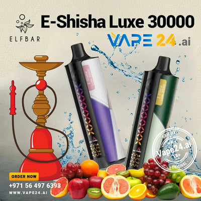 Elf Bar E-Shisha Luxe 30000 with assorted fruits and hookah design, promoting Vape24.ai.